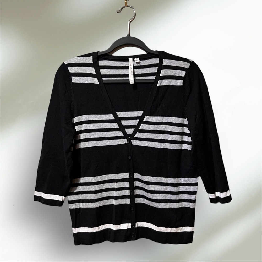 Leo & Nicole S Black & Grey Striped 3/4 Sleeve Cardi Sweater
